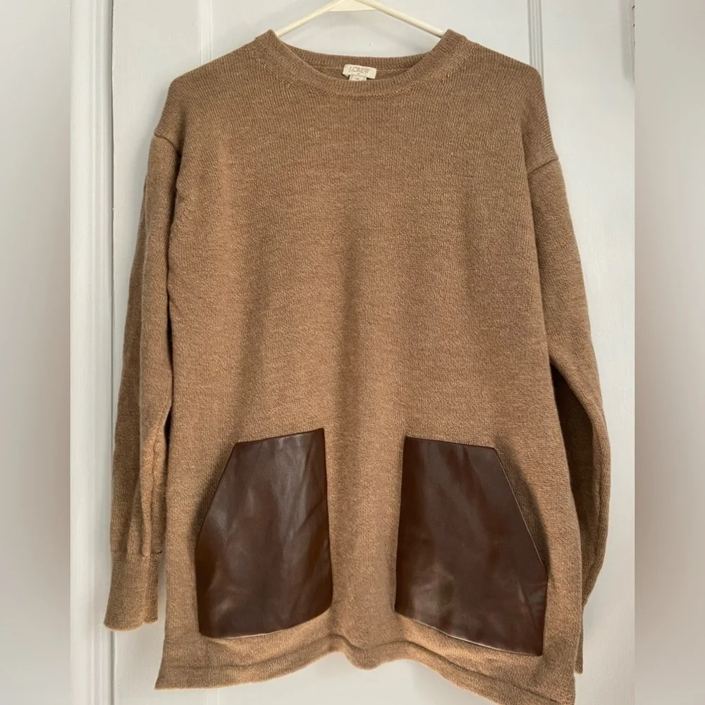 J. Crew 100% Merino Wool Faux Leather Pockets Tunic Sweater, Sz: Medium